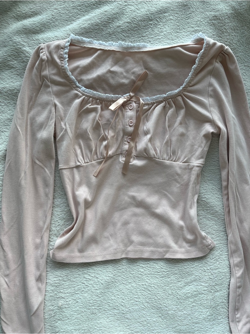 ⋆.𐙚 ̊ Coquette Long-Sleeve Scoop Neck Lace-Trim Top